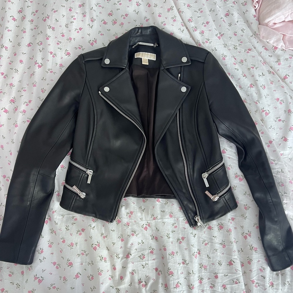 Michael Kors Black Leather Jacket with Silver Accents